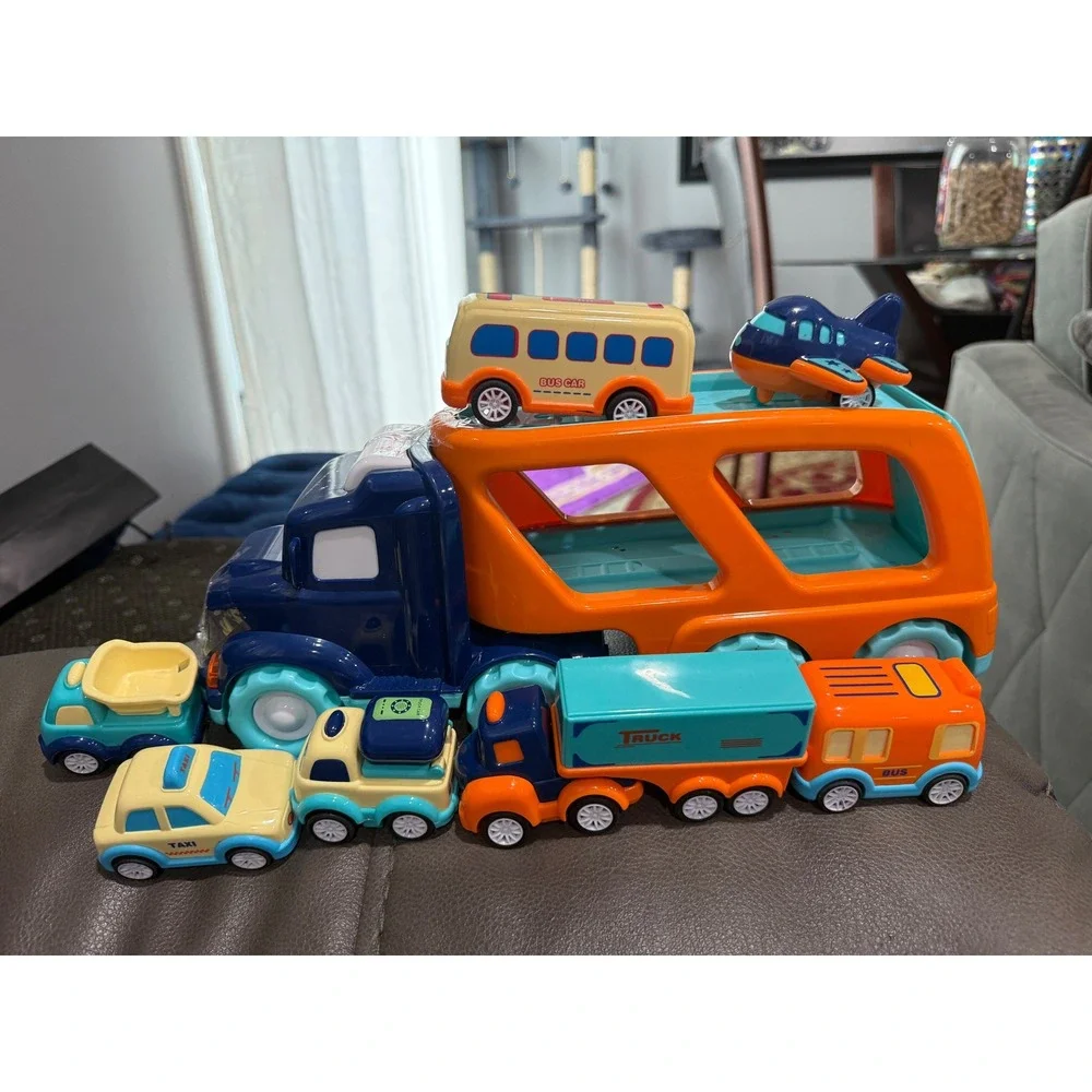 Toy Car‎ Carrier Truck Playset With Mini Cars Bus Airplane Yellow Blue Orange